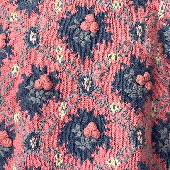 VINTAGE 80s PS Sport Floral Lattice Embellished Argyle Sweater Size Small - Picture 2 of 6
